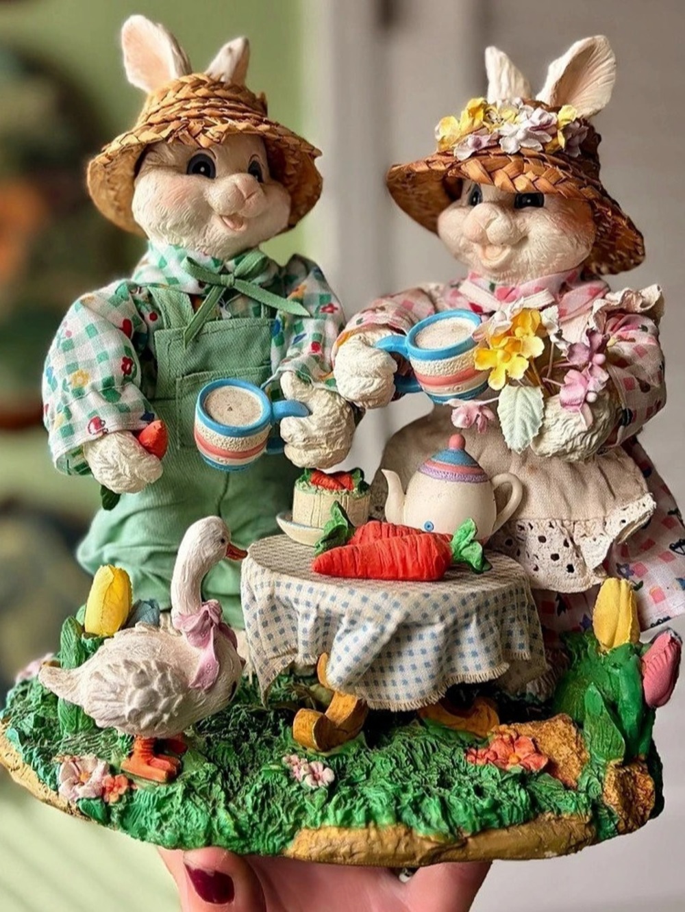 Charming Whimsy Cottagecore Bunny Tea Party in Garden Vintage Figurine Accent